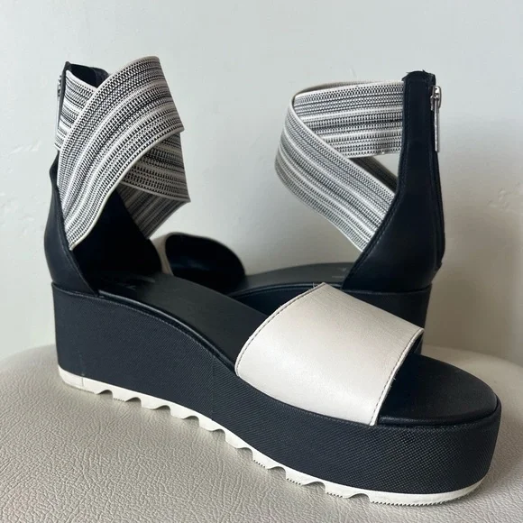 Sorel Cameron Black Leather Flatform Ankle Strap Wedge Sandal Size 9.5 - Picture 4 of 11